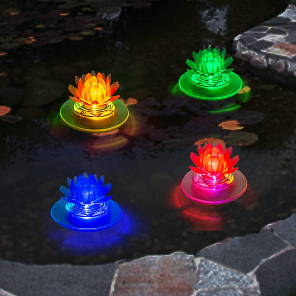 Solar Pond Light Waterproof LED RGB Solar Floating Light Pool Pond Floating Night Light For Swimming Pool Spa Courtyard Wedding Party Christmas Decoration (4 Pieces Lotus Flower)