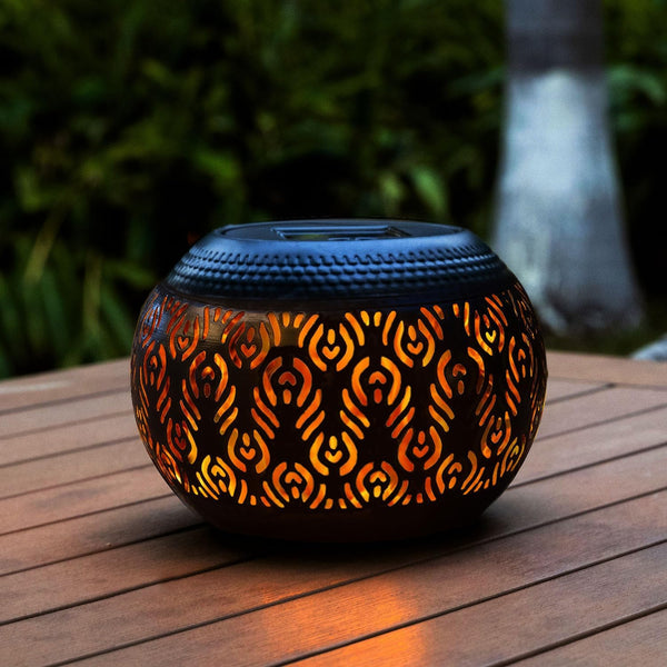 Table Lanterns Outdoor Waterproof - Dancing Flickering Flame Lamp Black Peacock Feather Metal Tabletop Light Solar Powered Decorative Lantern for Desk Bedroom Patio Garden Pathway Yard (1 Pack)