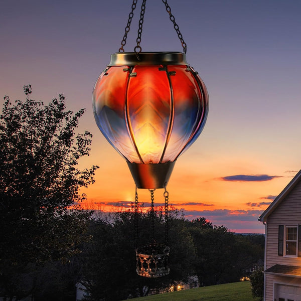 Hot Air Balloon Solar Light Strip Flashing Flame Light Outdoor Solar Hanging Light Waterproof Garden Courtyard Farmhouse Courtyard Exterior Decoration, Glass (Red & Blue)