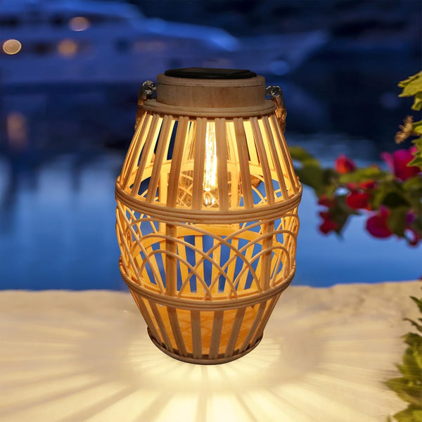 Outdoor Solar Light Rattan Natural Lantern with Hanging Handle or Table Lamp for Patio Courtyard Garden Wedding Home Decor Edison Bulbs with Auto On/Off (Style 3)