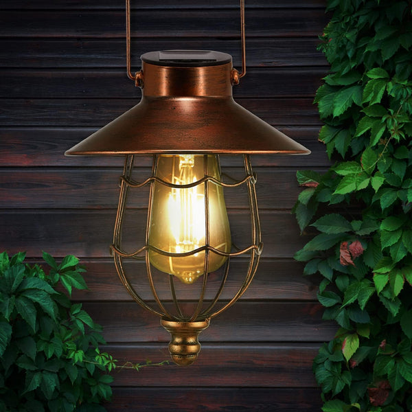 Solar Lantern Outdoor Hanging Metal Vintage Lantern Warm White Solar Light Waterproof Edison Bulb Design For Path Garden Courtyard Yard Tree Decoration (Copper)