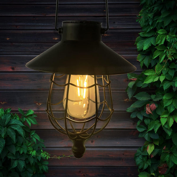 Solar Lantern Outdoor Hanging Metal Vintage Lantern Warm White Solar Light Waterproof Edison Bulb Design For Path Garden Yard Tree Decoration (Black)