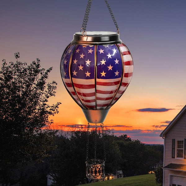 hot air balloon solar light strip flashing flame light outdoor july 4th decoration solar chandelier waterproof garden patio terrace outdoor independence day decoration, flag