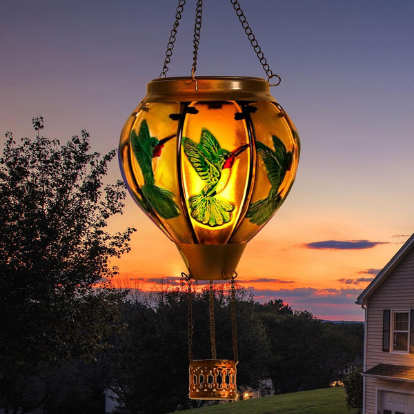 Hot Air Balloon Solar Light Strip Flashing Flame Light Outdoor Solar Hanging Light Waterproof Garden Courtyard Farmhouse Courtyard Exterior Decoration, Glass (Hummingbird)