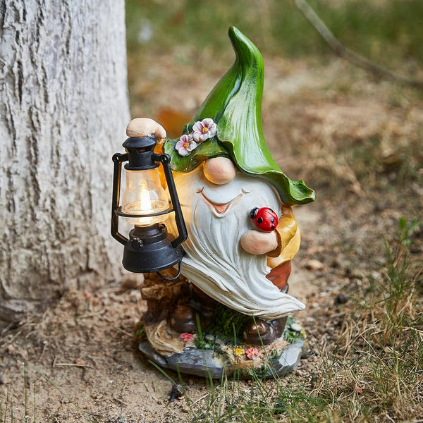 solar outdoor garden dwarf statue with led lantern light garden decoration, waterproof solar figurine light lawn dwarf decoration patio courtyard home decoration for mom ladies