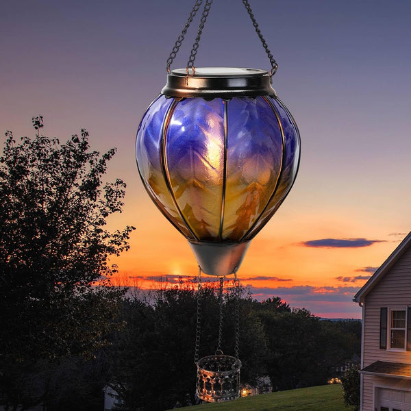 Hot Air Balloon Solar Lantern with Flickering Flame Light, Outdoor Solar Hanging Lights Waterproof for Garden Yard Patio Farmhouse Decoration,Stained Glass Blue