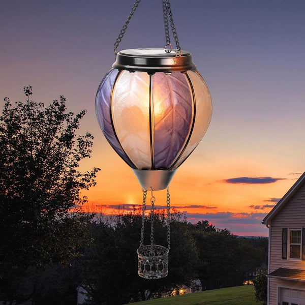 Hot Air Balloon Solar Light Strip Flashing Flame Light, Outdoor Solar Chandelier Waterproof Garden Courtyard Farmhouse Decoration, Stained Glass Blue & White