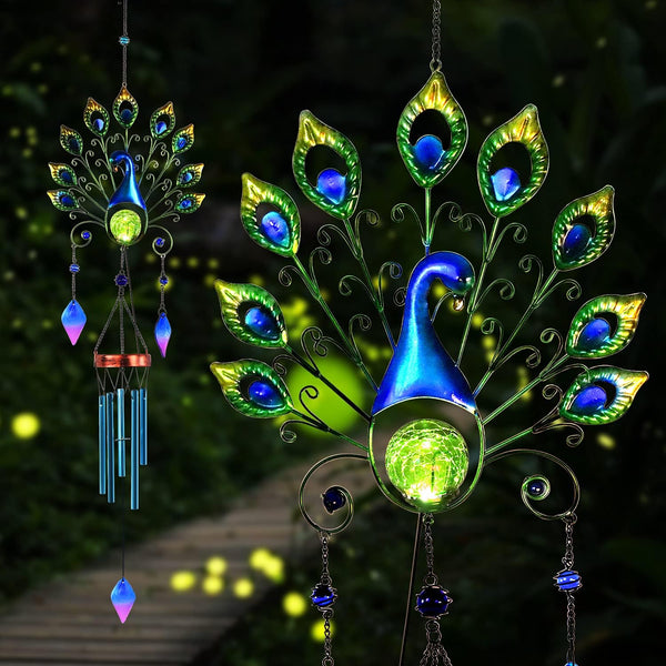 Outdoor Solar Wind Chimes, 53 Inch (Approx 135.9 cm) Big Peacock Wind Chimes with Cracked Glass Balls, Waterproof Colored Metal Peacock Wind Chimes, Suitable for Garden Terrace Patio Home Decoration Souvenir Gifts..